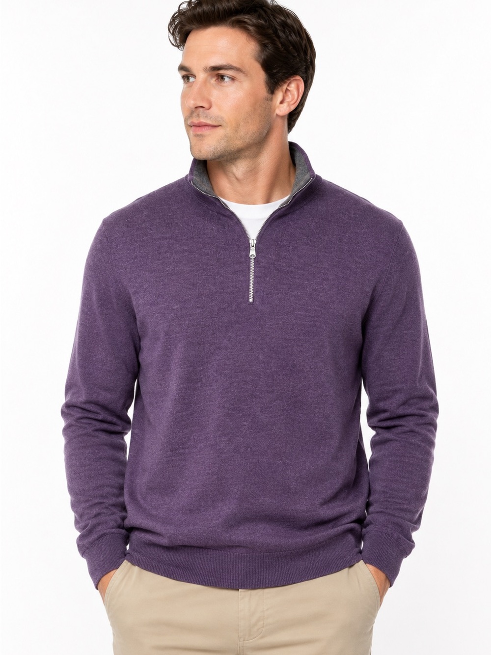 100% merino wool GAP Men's Quarter-Zip Sweater plum purple gray mock neck L